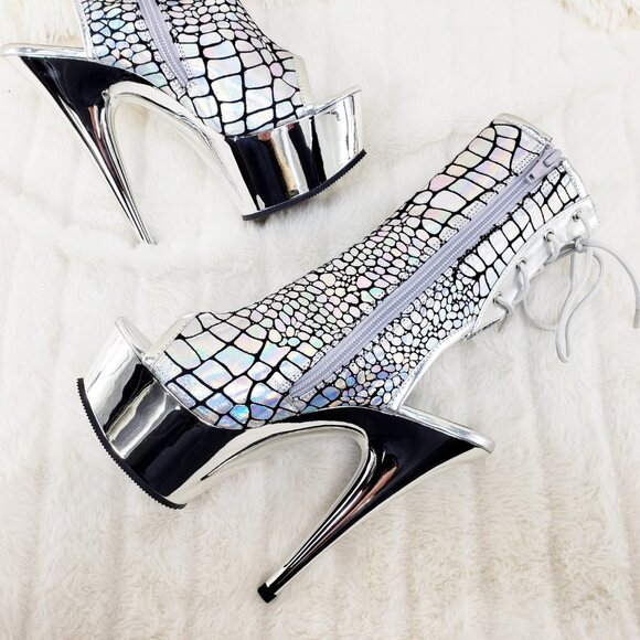 Brand New Delight 1018HG Sexy Silver Hologram Platform Heels Ankle Boots - Picture 3 of 16